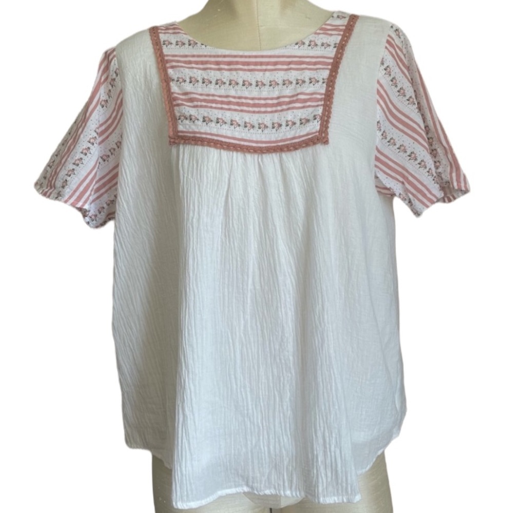 Polagram Crinkle Cotton Floral Babydoll Vintage Inspired Summer Blouse Medium